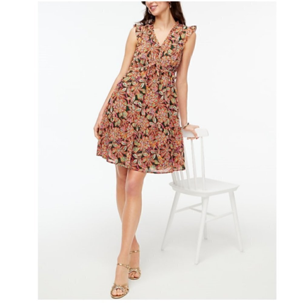 J. Crew Floral Ruffle V-Neck Mini Dress Verte Fern Canyon Size 2/XS NWT
